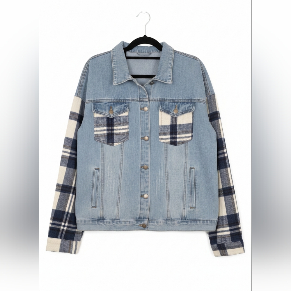 Oversized Hybrid Denim Plaid Jacket‎ XXL Shacket Fall Layering Piece